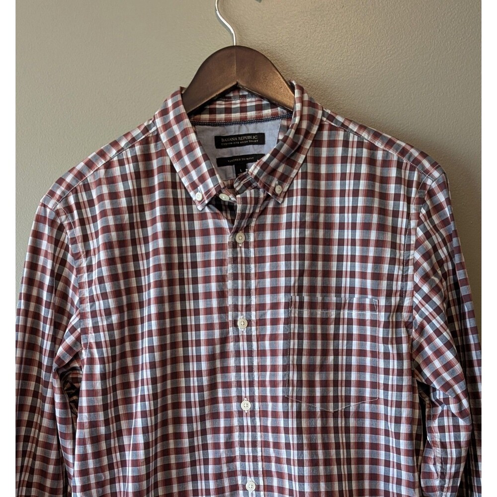 Banana Republic Mens Large Red Plaid 078 Wash Shirt Tailored Slim Fit Button Up